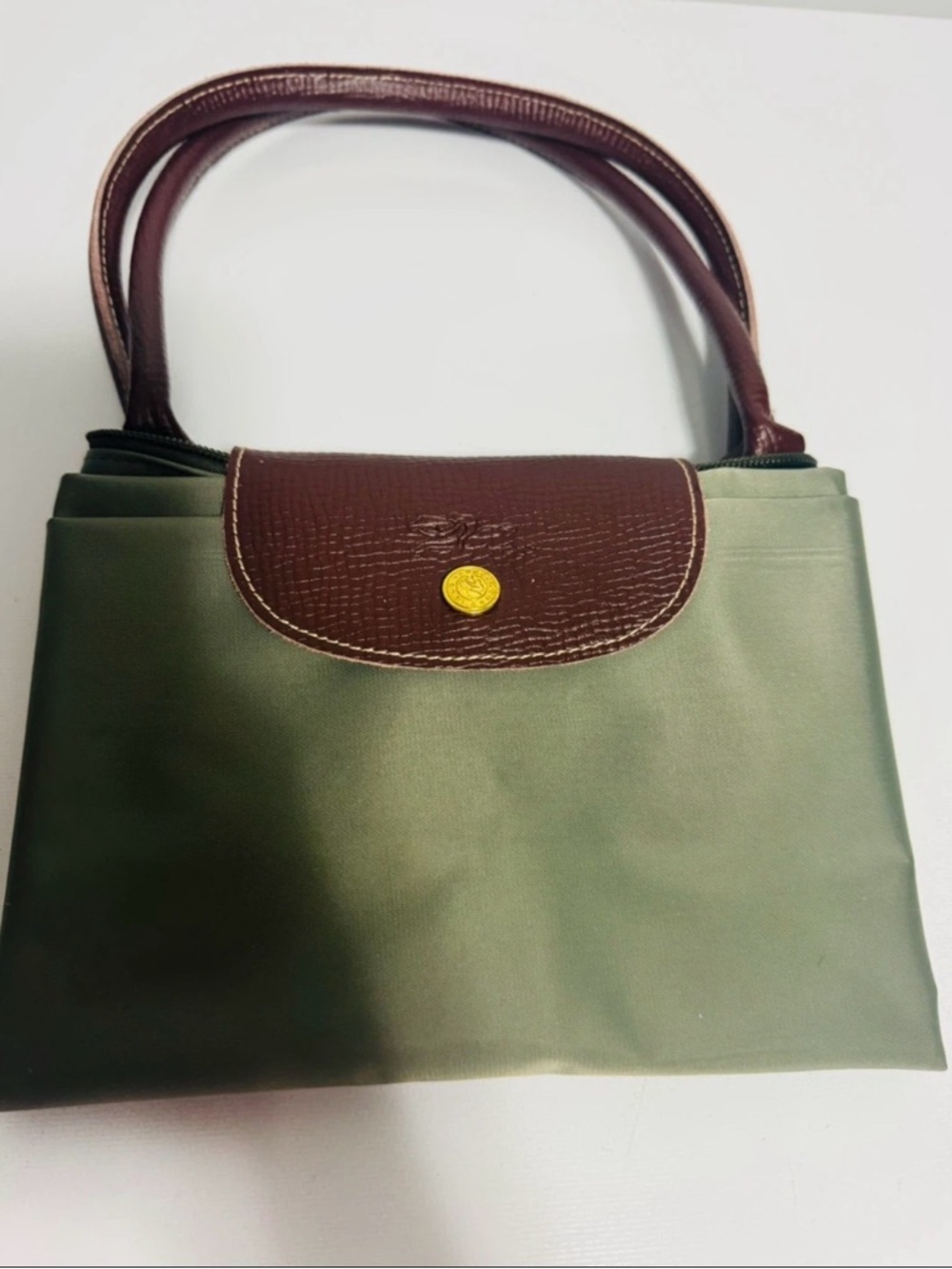 Longchamp Olive Green Tote with Brown Trim